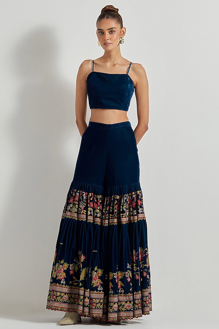 Teal Velvet Pleated Wedding Sharara Set by Kavita Bhartia at Pernia's Pop Up Shop