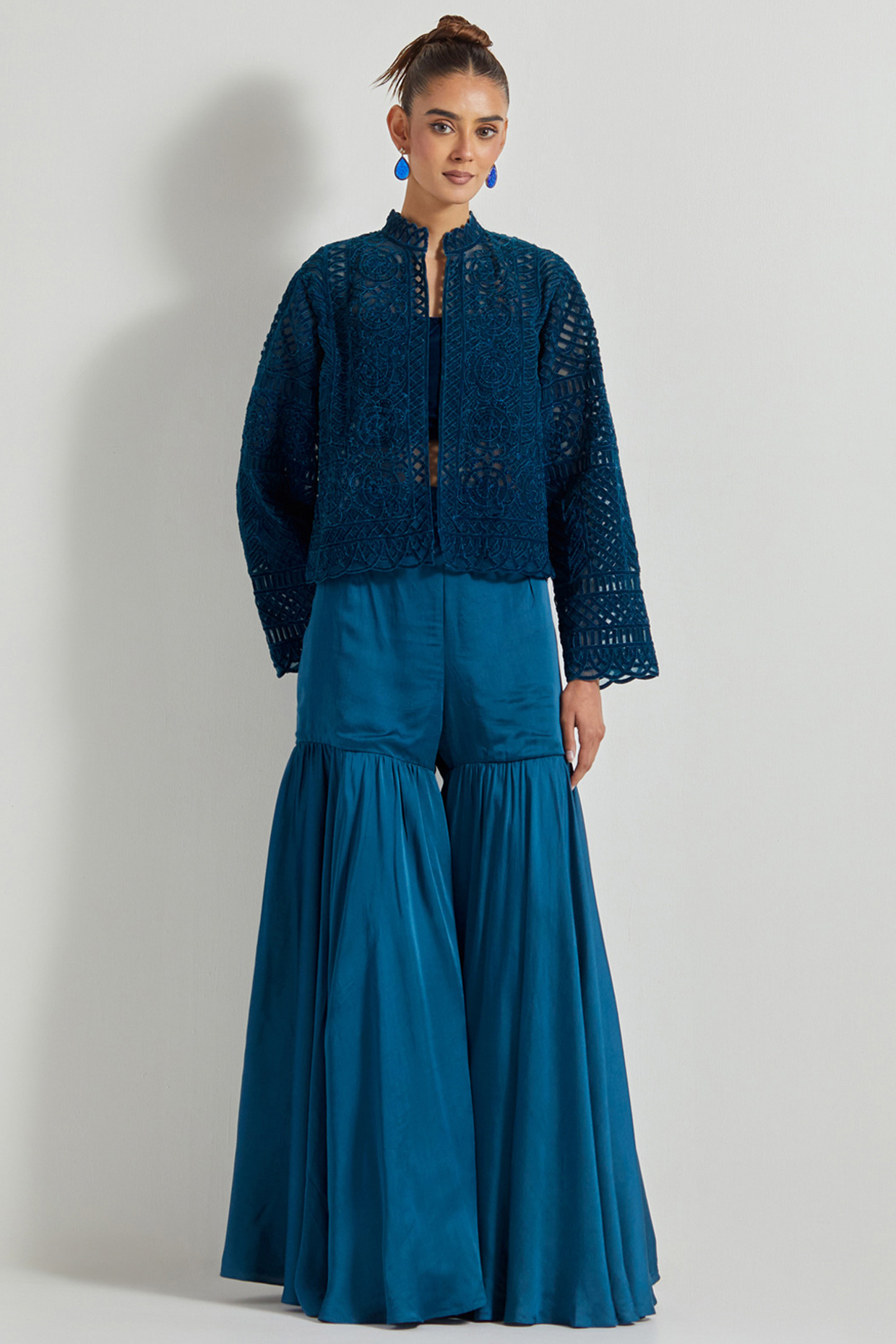 Teal Velvet Sharara Set by Kavita Bhartia at Pernia's Pop Up Shop