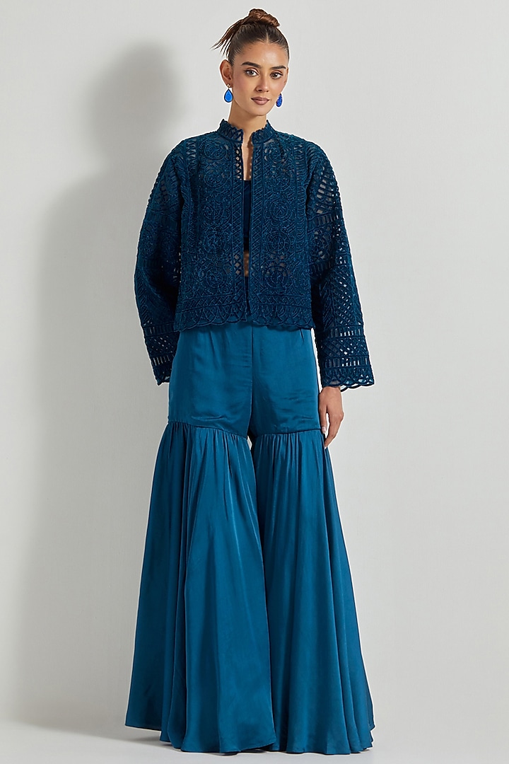 Teal Velvet Sharara Set by Kavita Bhartia at Pernia's Pop Up Shop