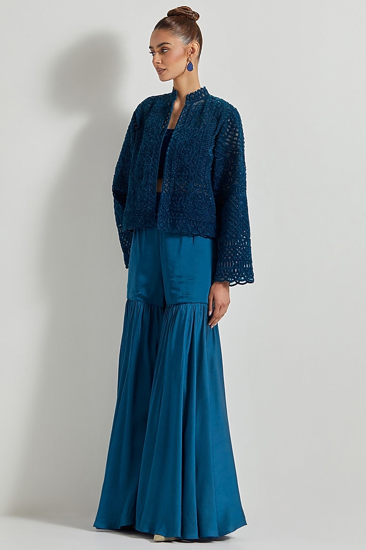 Teal Velvet Wedding Sharara Set by Kavita Bhartia at Pernia's Pop Up Shop