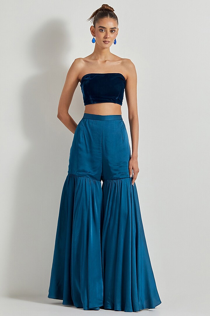Teal Velvet Wedding Sharara Set by Kavita Bhartia at Pernia's Pop Up Shop
