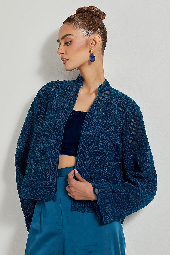 Teal Velvet Wedding Sharara Set by Kavita Bhartia at Pernia's Pop Up Shop