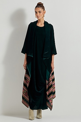 Bottle Green Velvet Maxi Dress With Embroidered Cape by Kavita Bhartia