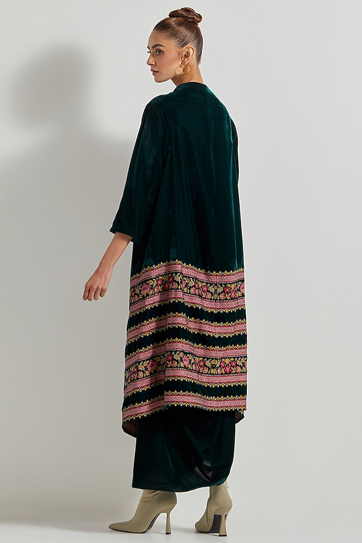 Bottle Green Velvet Maxi Vacation Dress With Embroidered Cape by Kavita Bhartia at Pernia's Pop Up Shop
