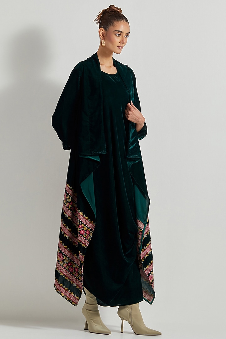 Bottle Green Velvet Maxi Vacation Dress With Embroidered Cape by Kavita Bhartia at Pernia's Pop Up Shop