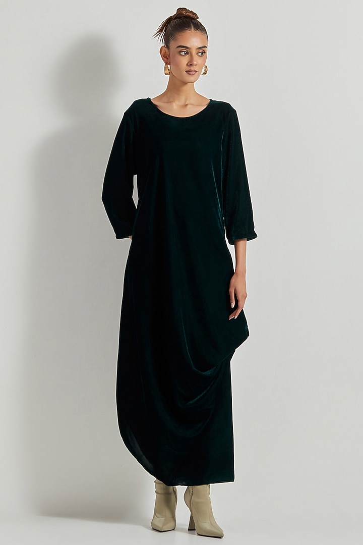 Bottle Green Velvet Maxi Vacation Dress With Embroidered Cape by Kavita Bhartia at Pernia's Pop Up Shop