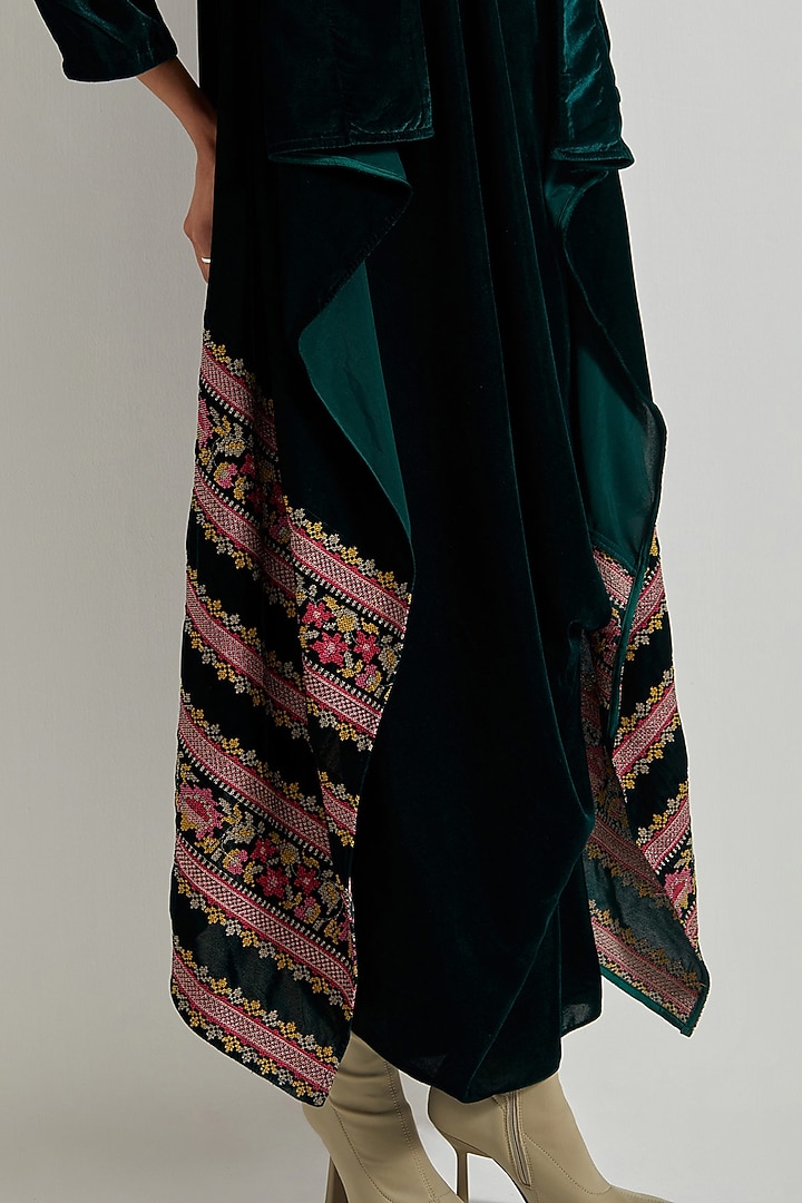 Bottle Green Velvet Maxi Vacation Dress With Embroidered Cape by Kavita Bhartia at Pernia's Pop Up Shop