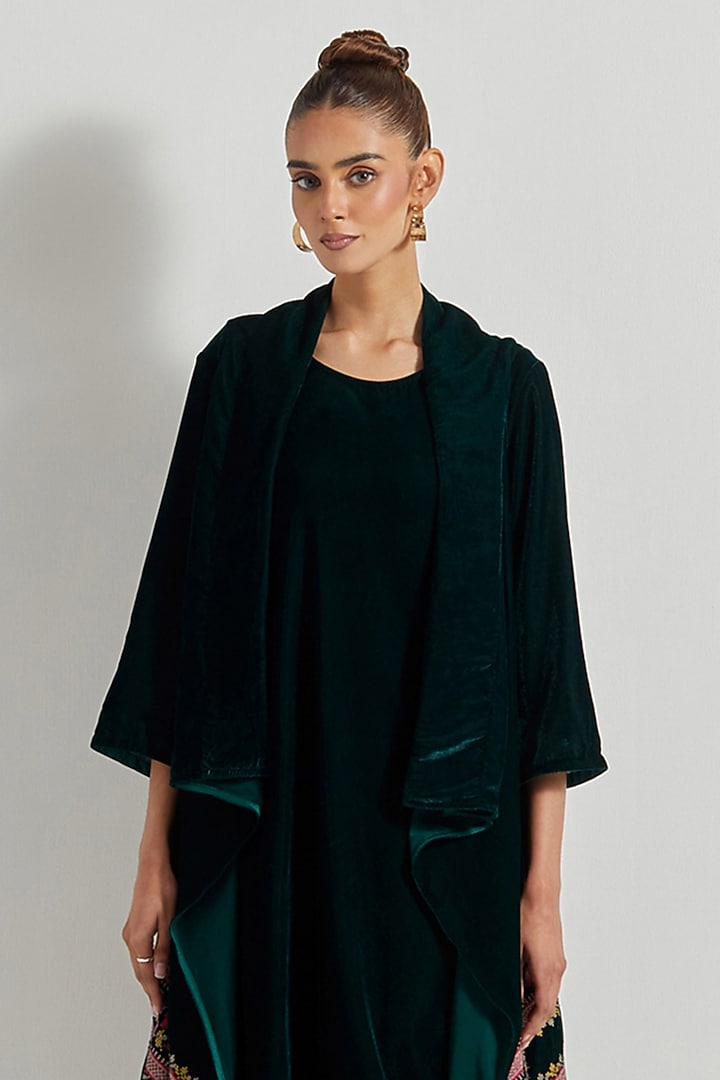 Bottle Green Velvet Maxi Vacation Dress With Embroidered Cape by Kavita Bhartia at Pernia's Pop Up Shop