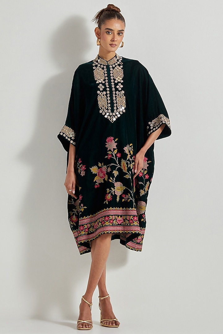 Black Velvet Hand Embellished Midi Vacation Dress by Kavita Bhartia at Pernia's Pop Up Shop