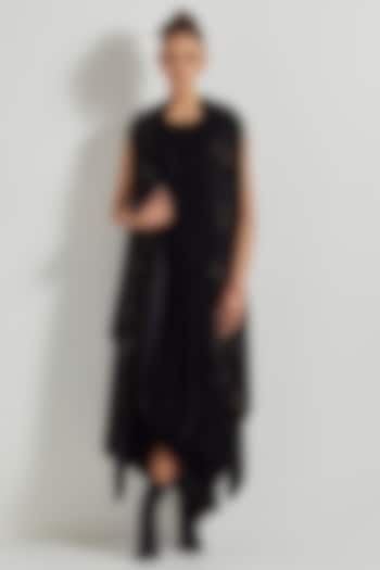 Black Velvet Maxi Dress With Printed Cape by Kavita Bhartia at Pernia's Pop Up Shop
