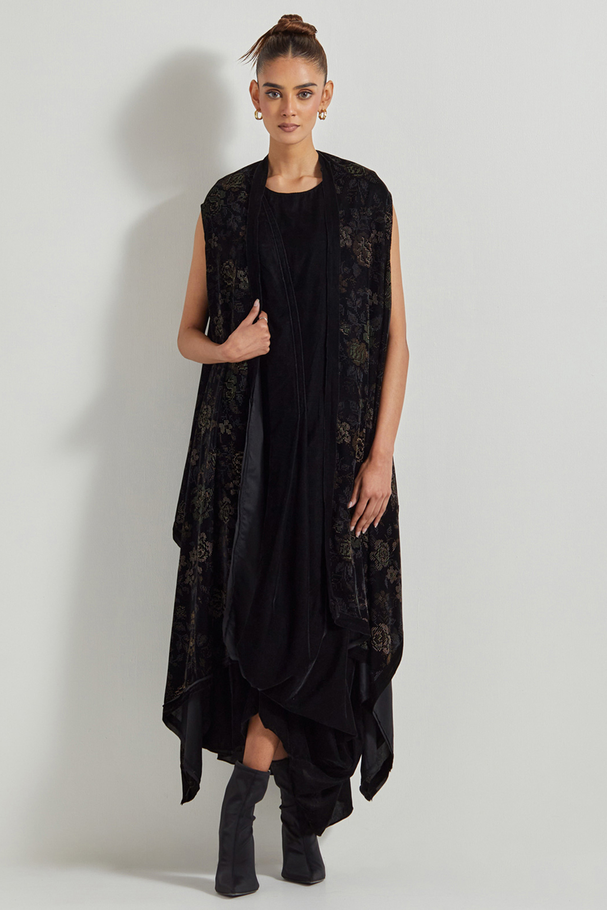Black Velvet Maxi Dress With Printed Cape by Kavita Bhartia at Pernia's Pop Up Shop