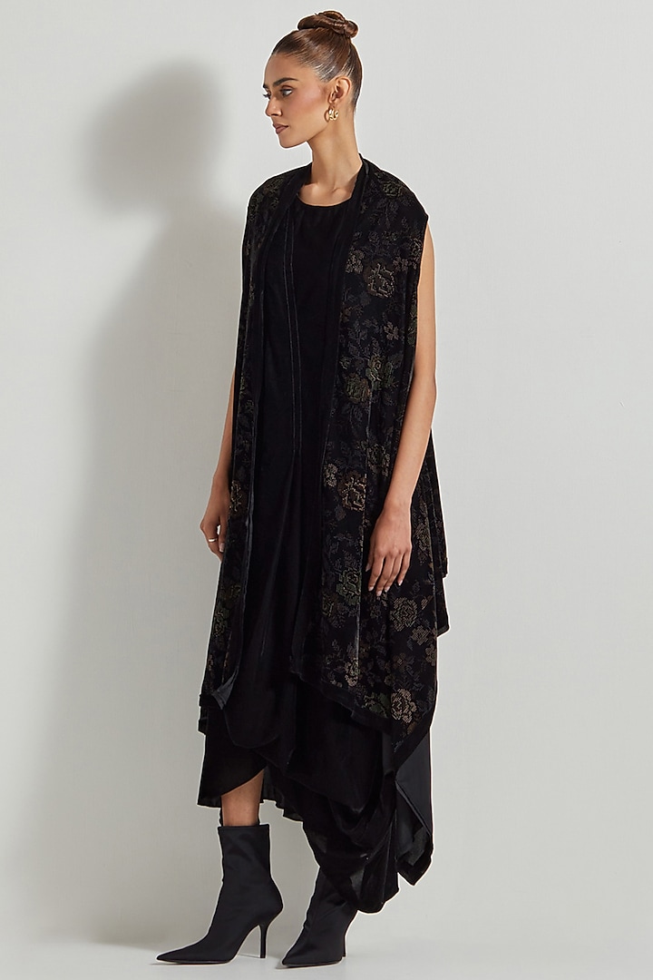 Black Velvet Maxi Vacation Dress With Printed Cape by Kavita Bhartia at Pernia's Pop Up Shop
