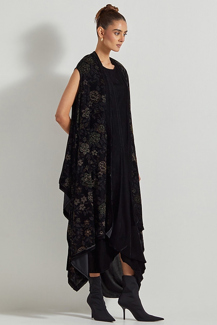 Black Velvet Maxi Vacation Dress With Printed Cape by Kavita Bhartia at Pernia's Pop Up Shop