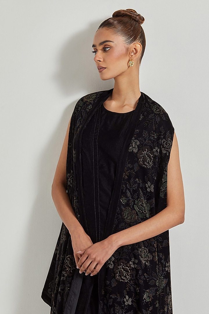 Black Velvet Maxi Vacation Dress With Printed Cape by Kavita Bhartia at Pernia's Pop Up Shop