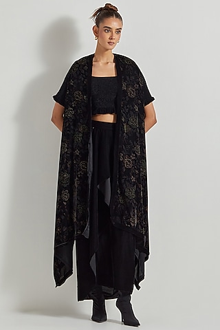 Black Velvet Draped Skirt Set by Kavita Bhartia