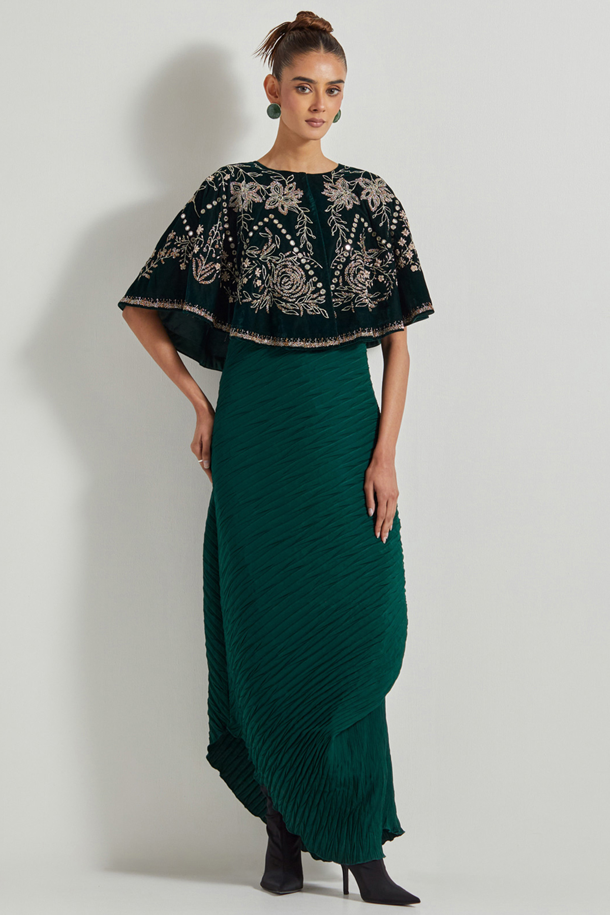 Bottle Green Crinkle Silk Cowl Maxi Dress With Cape by Kavita Bhartia at Pernia's Pop Up Shop
