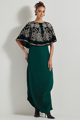 Bottle Green Crinkle Silk Cowl Maxi Dress With Cape by Kavita Bhartia