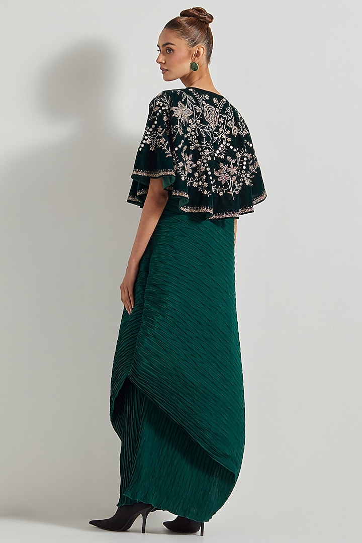 Bottle Green Crinkle Silk Cowl Maxi Cocktail Dress With Cape by Kavita Bhartia at Pernia's Pop Up Shop