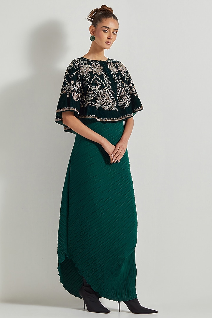 Bottle Green Crinkle Silk Cowl Maxi Cocktail Dress With Cape by Kavita Bhartia at Pernia's Pop Up Shop