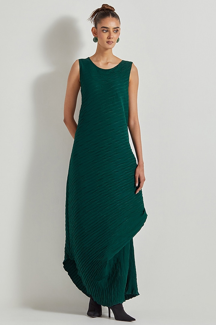 Bottle Green Crinkle Silk Cowl Maxi Cocktail Dress With Cape by Kavita Bhartia at Pernia's Pop Up Shop