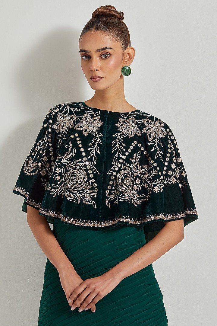 Bottle Green Crinkle Silk Cowl Maxi Cocktail Dress With Cape by Kavita Bhartia at Pernia's Pop Up Shop