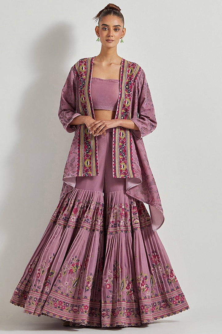 Lavender Velvet Pleated Wedding Sharara Set by Kavita Bhartia at Pernia's Pop Up Shop