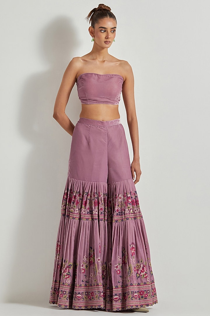 Lavender Velvet Pleated Wedding Sharara Set by Kavita Bhartia at Pernia's Pop Up Shop