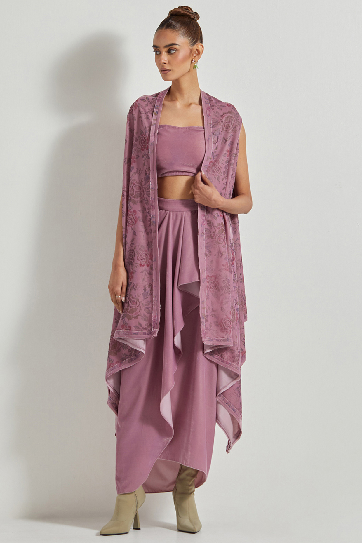 Lavender Velvet Draped Skirt Set by Kavita Bhartia at Pernia's Pop Up Shop