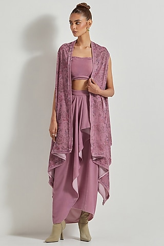 Lavender Velvet Draped Skirt Set by Kavita Bhartia