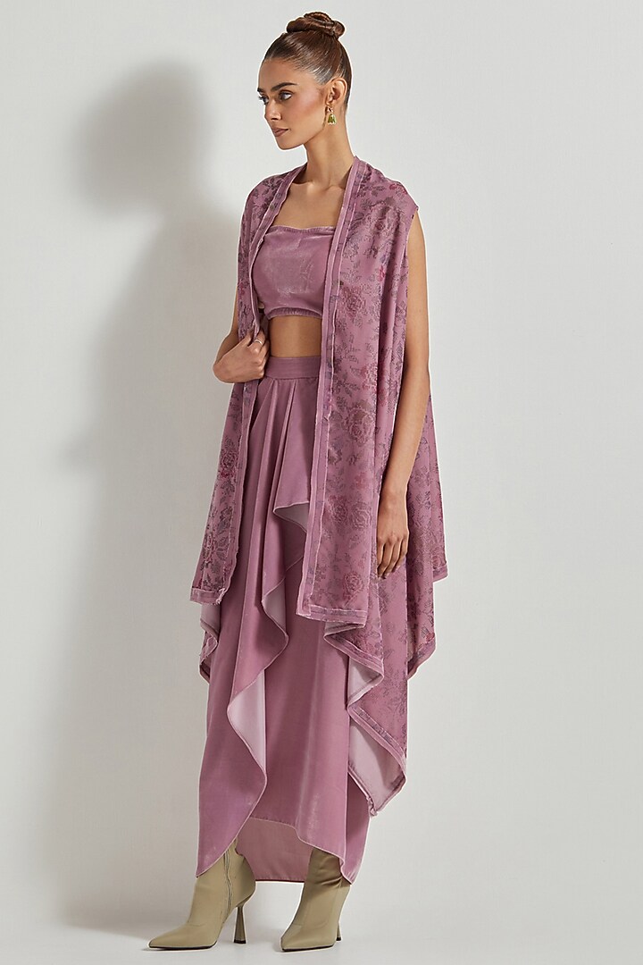 Lavender Velvet Draped Skirt Set by Kavita Bhartia at Pernia's Pop Up Shop