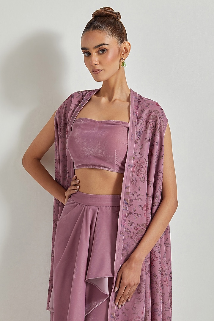 Lavender Velvet Draped Skirt Set by Kavita Bhartia at Pernia's Pop Up Shop