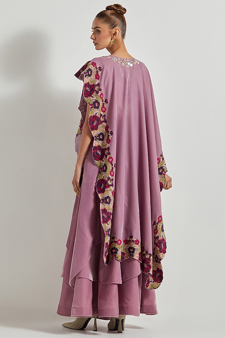 Lavender Velvet Hand Embroidered Asymmetric Cape Set by Kavita Bhartia at Pernia's Pop Up Shop