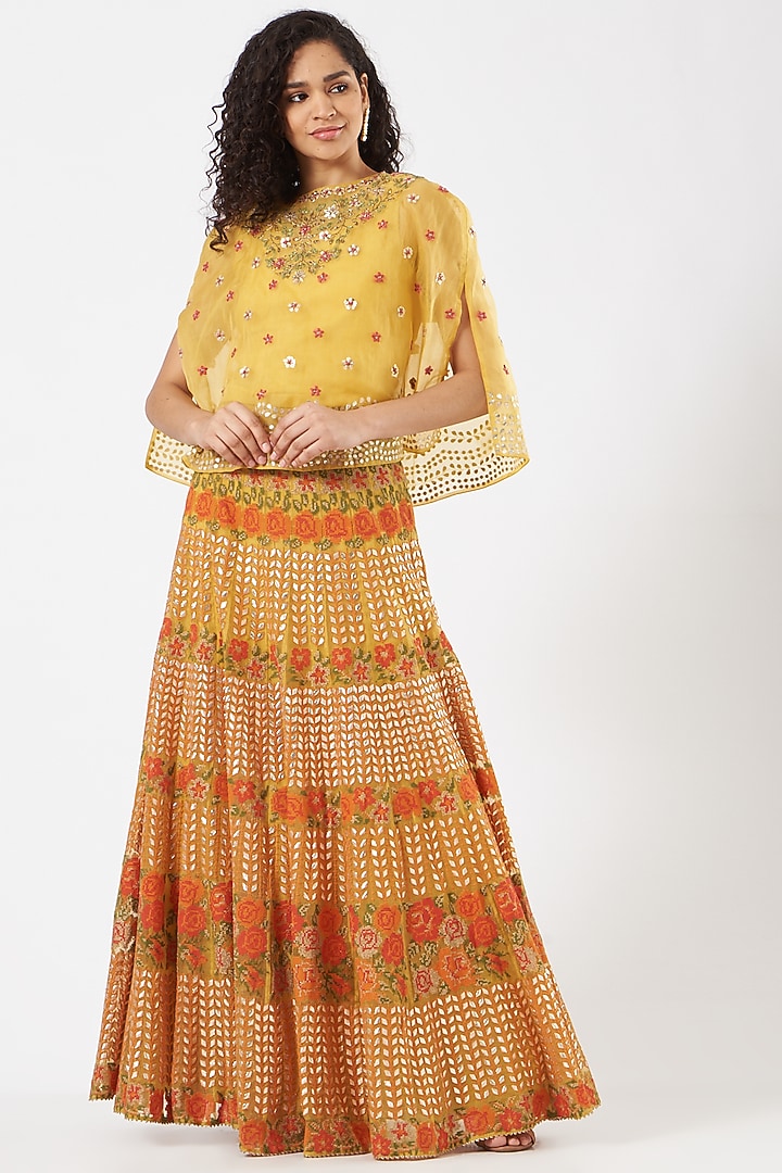 Mustard Gota Embroidered Skirt Set by Kavita Bhartia at Pernia's Pop Up Shop