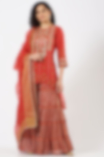 Red Organza Textured Sharara Set by Kavita Bhartia