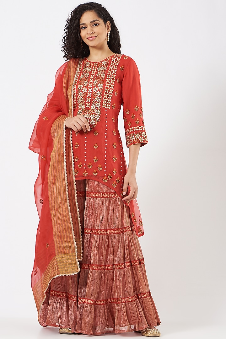 Red Organza Textured Sharara Set by Kavita Bhartia