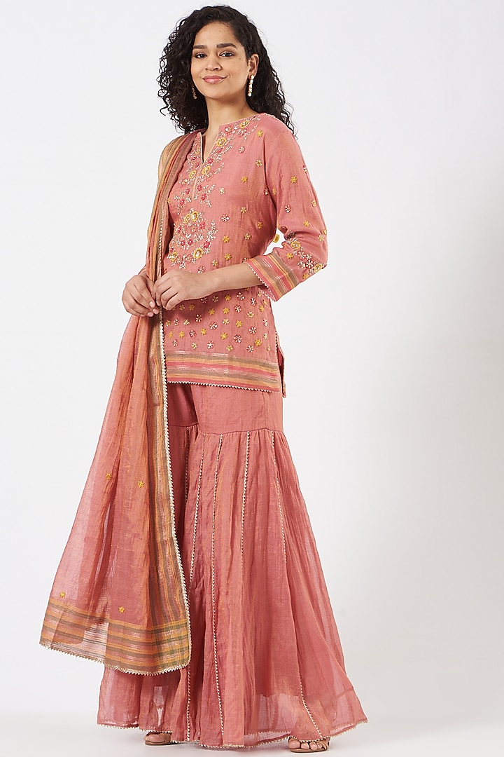 Peach Tissue Chanderi Sharara Set by Kavita Bhartia at Pernia's Pop Up Shop