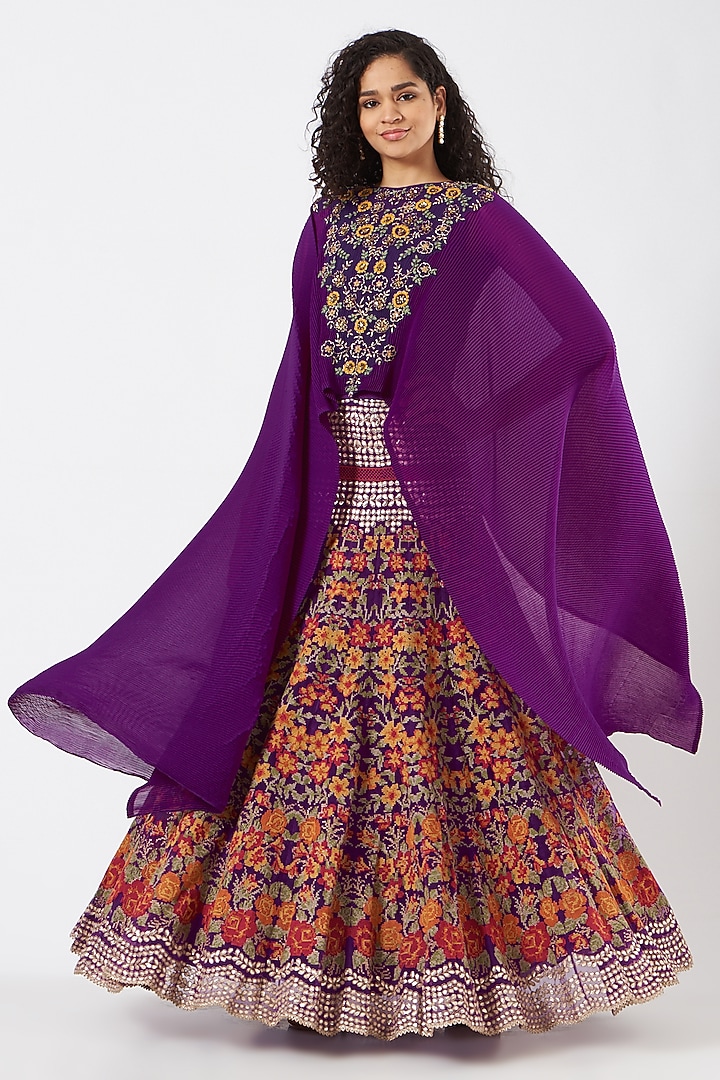 Purple Crinkle Georgette Embroidered Skirt Set by Kavita Bhartia at Pernia's Pop Up Shop