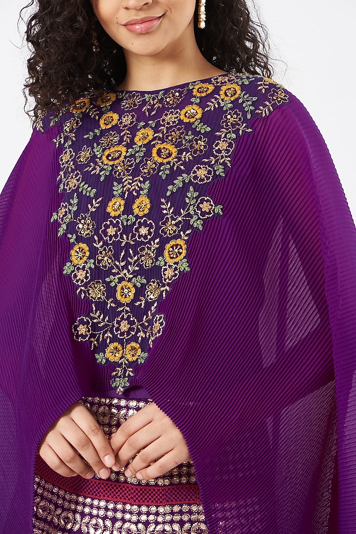 Purple Crinkle Georgette Embroidered Skirt Set by Kavita Bhartia at Pernia's Pop Up Shop