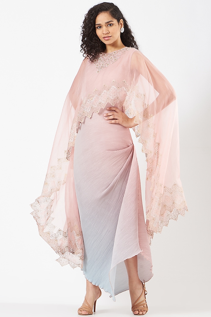 Pink & Sage Green Embellished Draped Dress With Cape by Kavita Bhartia