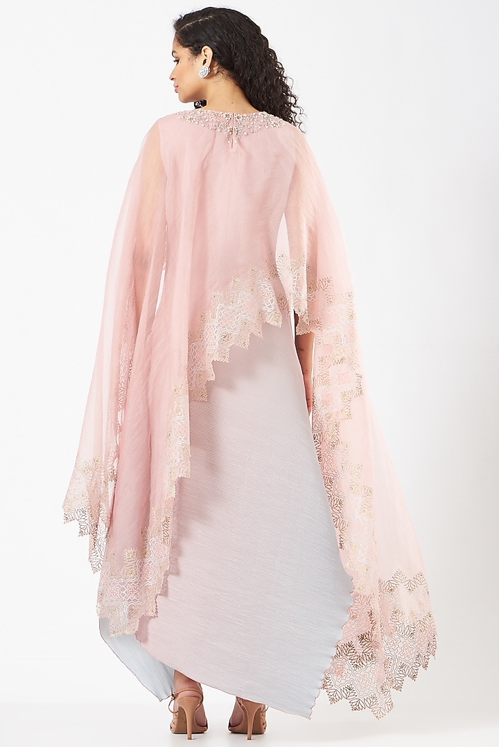 Pink & Sage Green Embellished Draped Vacation Dress With Cape by Kavita Bhartia at Pernia's Pop Up Shop