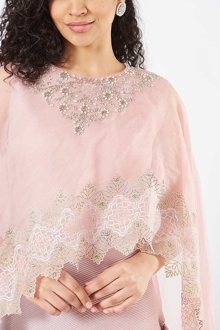 Pink & Sage Green Embellished Draped Vacation Dress With Cape by Kavita Bhartia at Pernia's Pop Up Shop