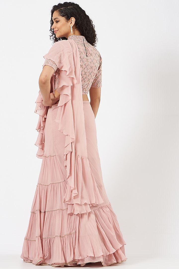 Pink Georgette Pre-Stitched Wedding Saree Set by Kavita Bhartia at Pernia's Pop Up Shop