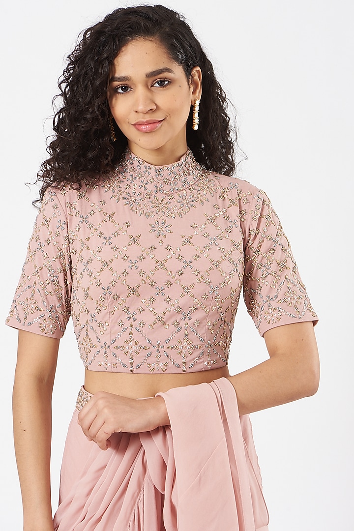 Pink Georgette Pre-Stitched Wedding Saree Set by Kavita Bhartia at Pernia's Pop Up Shop