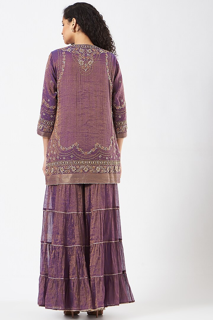 Purple Tissue Chanderi Tiered Wedding Sharara Set by Kavita Bhartia at Pernia's Pop Up Shop