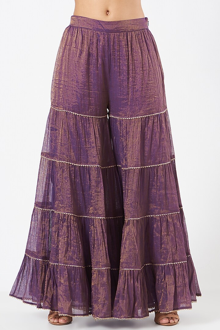 Purple Tissue Chanderi Tiered Wedding Sharara Set by Kavita Bhartia at Pernia's Pop Up Shop