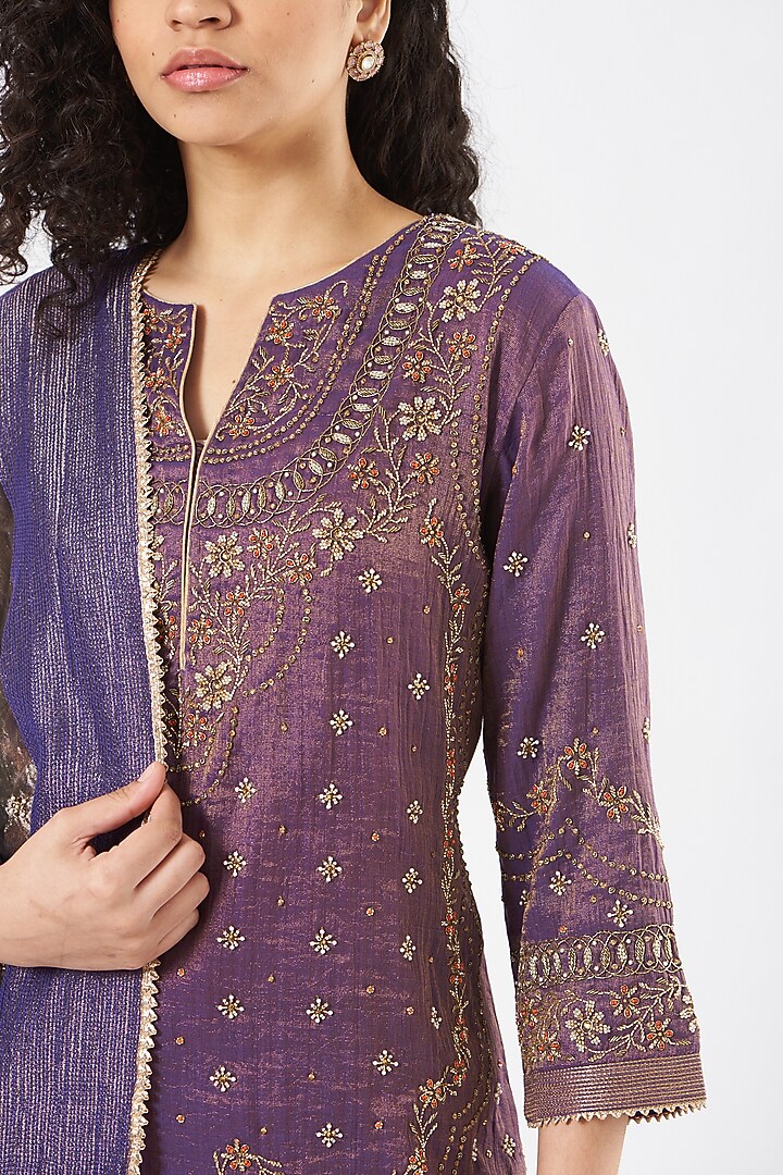 Purple Tissue Chanderi Tiered Wedding Sharara Set by Kavita Bhartia at Pernia's Pop Up Shop