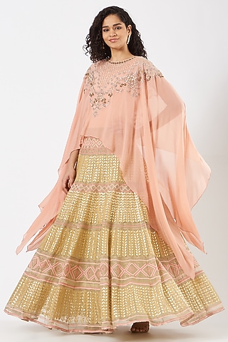 Pink & Yellow Georgette Embroidered Skirt Set by Kavita Bhartia