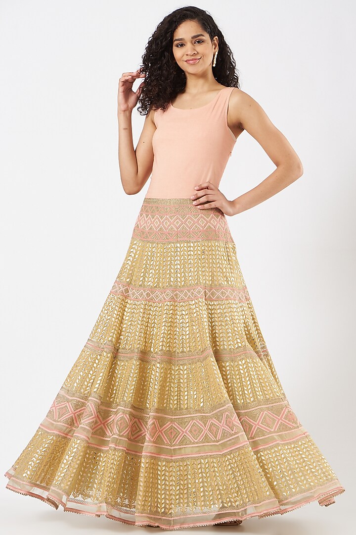 Pink & Yellow Georgette Embroidered Skirt Set by Kavita Bhartia at Pernia's Pop Up Shop