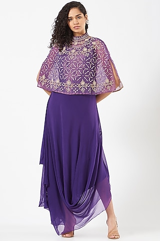 Purple Chiffon Hand Embellished Draped Dress by Kavita Bhartia