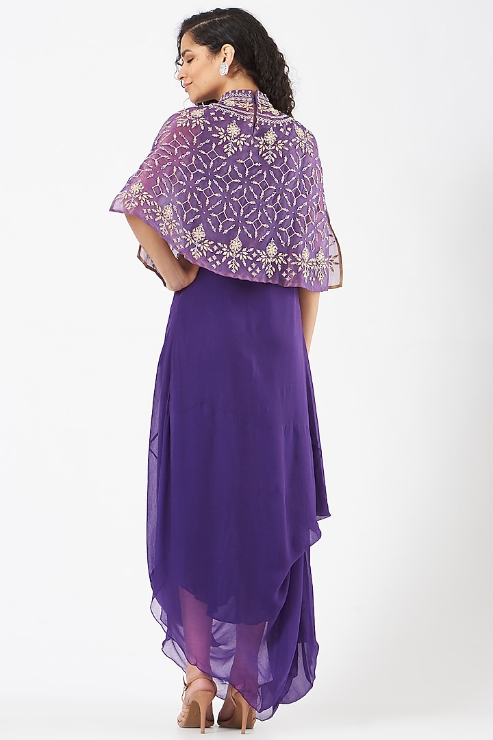 Purple Chiffon Hand Embellished Draped Cocktail Dress by Kavita Bhartia at Pernia's Pop Up Shop